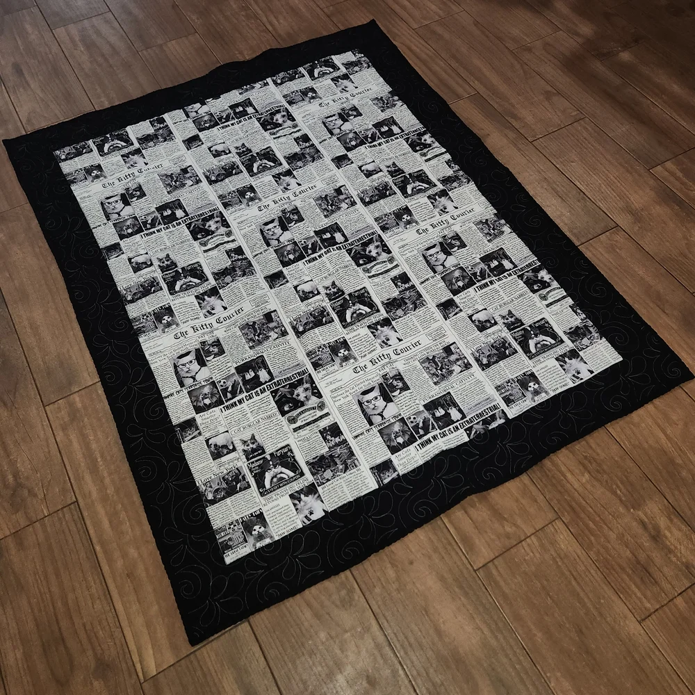 Handmade cat lady cat Black and White Newsprint Quilt 59